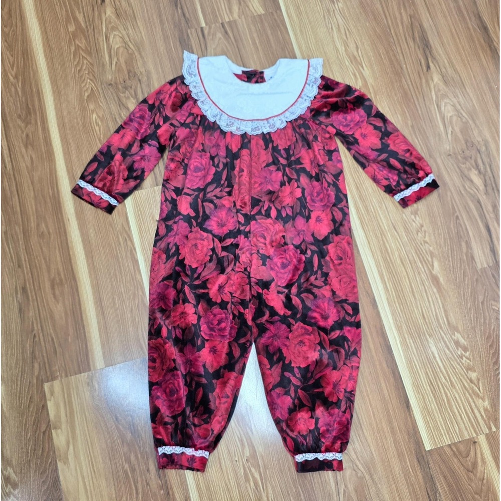 Vintage Fancy Pants Jumpsuit‎ Girls 3T Red Rose Floral Lace Collar Made USA 90s